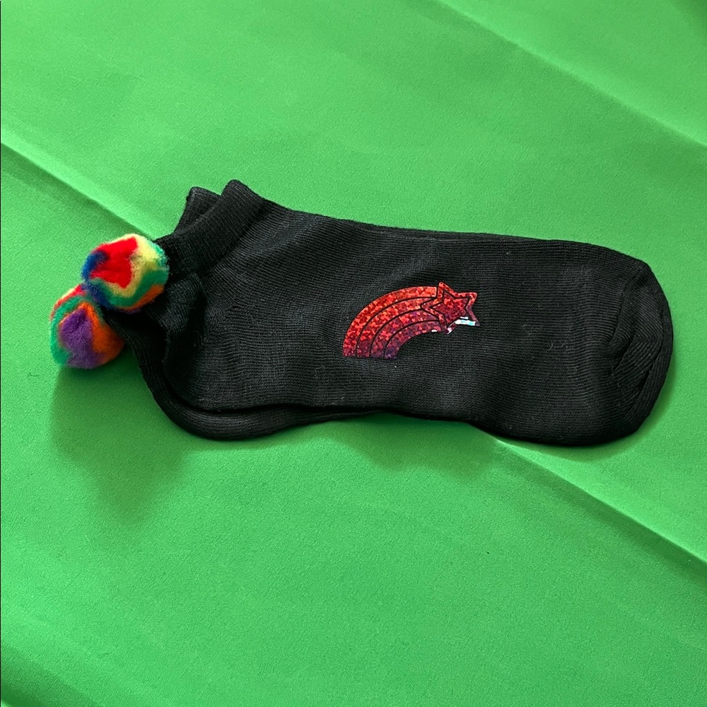 Black Custom Ankle Socks with Rainbow Pom-Poms